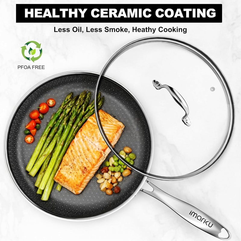 imarku Non Stick Frying Pans, 12" Stainless Steel Pan, Hybrid Skillet with Lid, Deep Large Saute Pan, Dishwasher & Oven Safe, Induction Compatible Cooking Pan, PFOA Free - Image 3